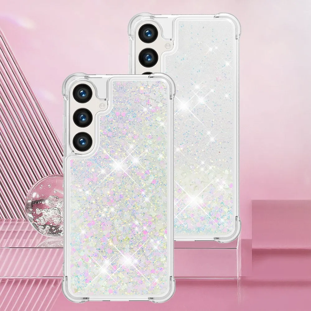Samsung Galaxy S24 Necklace Rubber Cover Liquid Glitter   Cell Phone Chain (130cm) - Pink / Silver