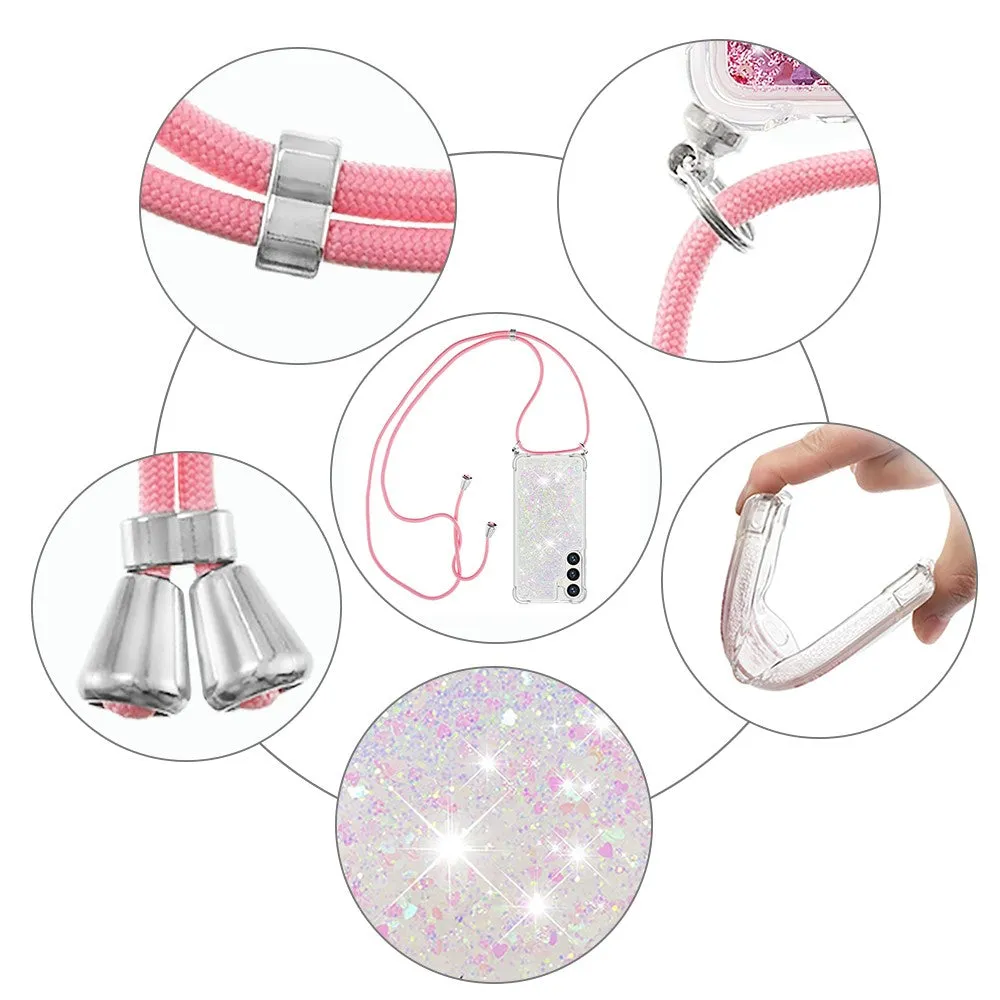 Samsung Galaxy S24 Necklace Rubber Cover Liquid Glitter   Cell Phone Chain (130cm) - Pink / Silver