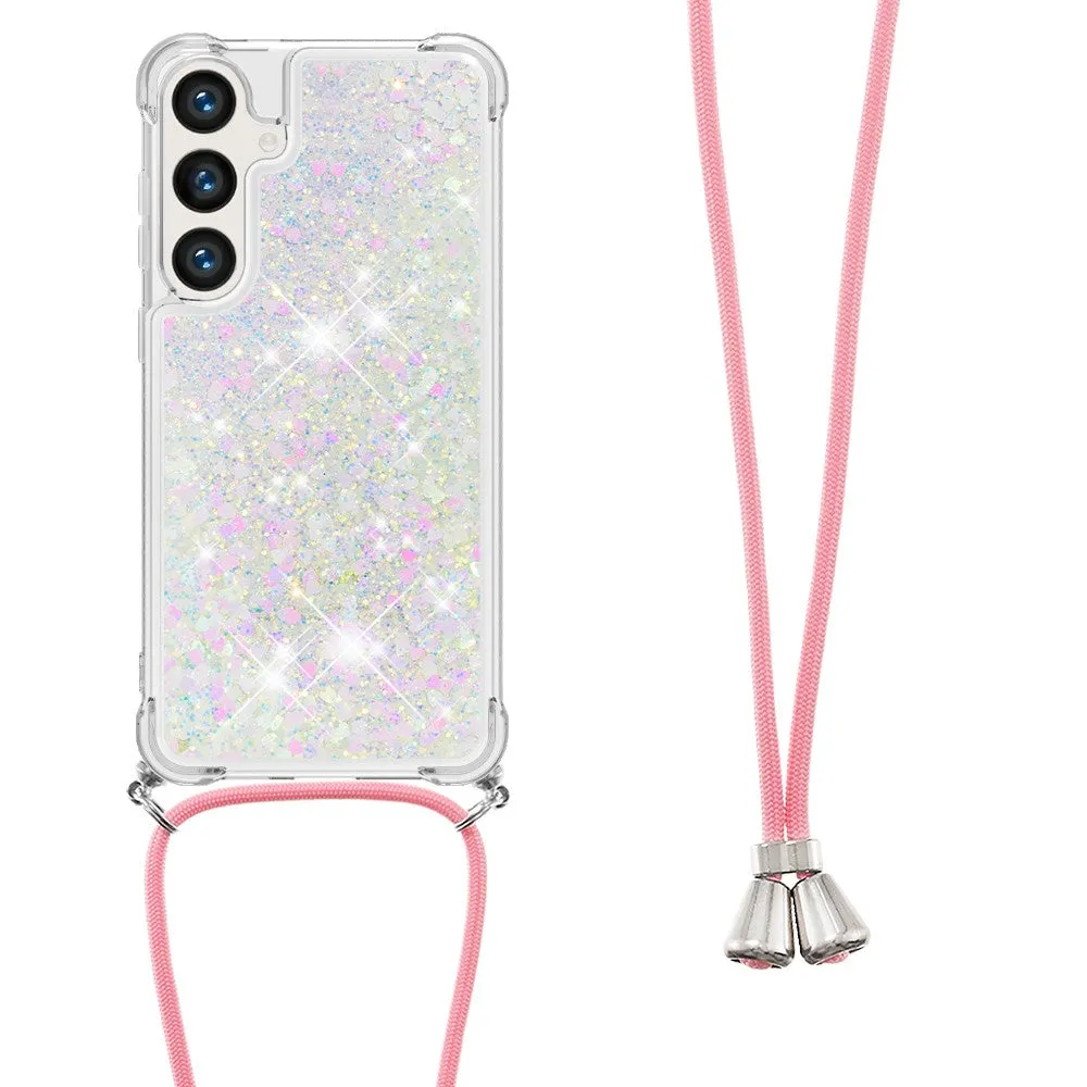 Samsung Galaxy S24 Necklace Rubber Cover Liquid Glitter   Cell Phone Chain (130cm) - Pink / Silver
