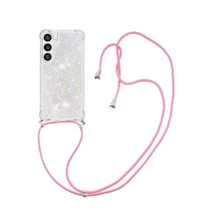 Samsung Galaxy S24 Necklace Rubber Cover Liquid Glitter   Cell Phone Chain (130cm) - Pink / Silver