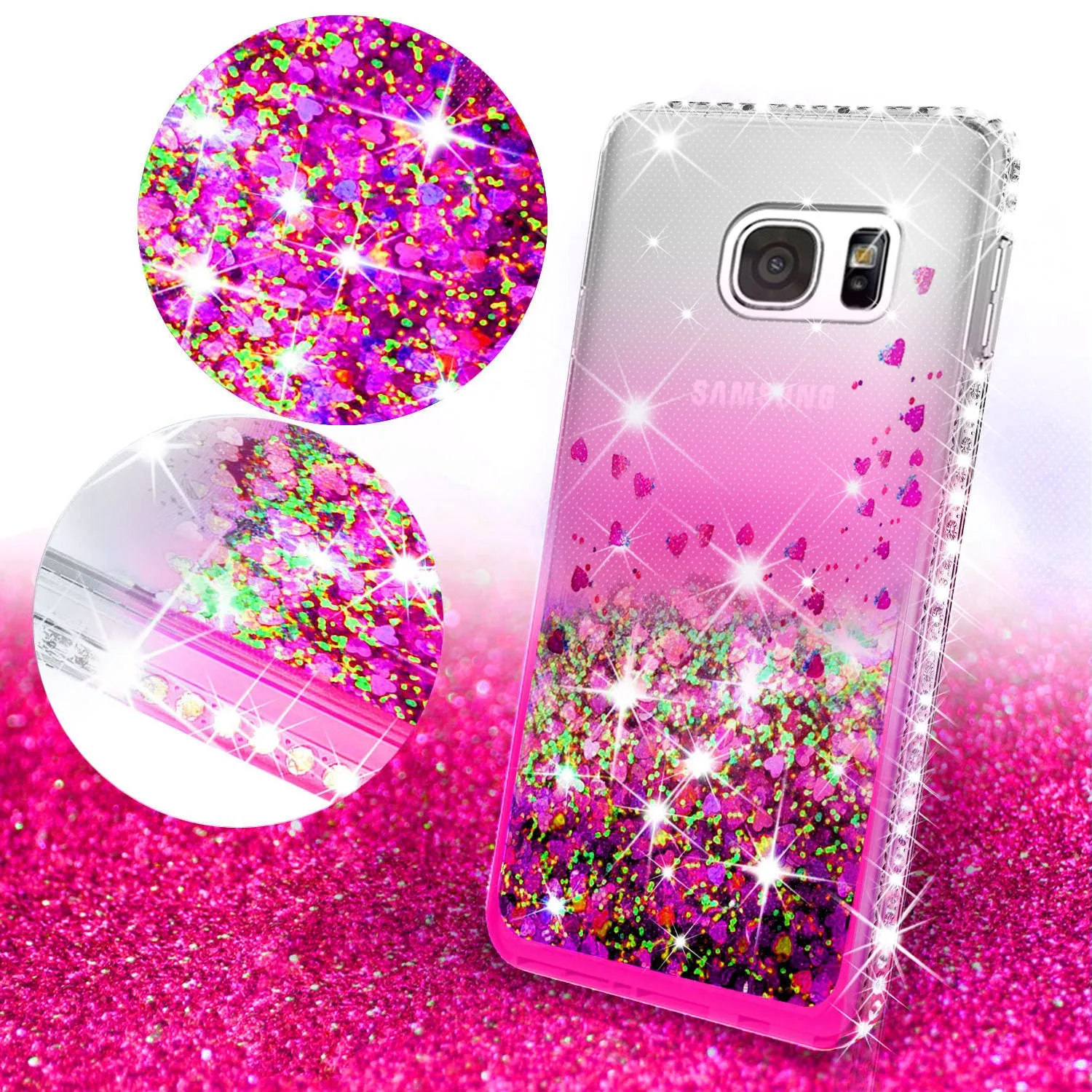 Samsung Galaxy S7 Case Liquid Glitter Phone Case Waterfall Floating Quicksand Bling Sparkle Cute Protective Girls Women Cover for Galaxy S7 - Hot Pink