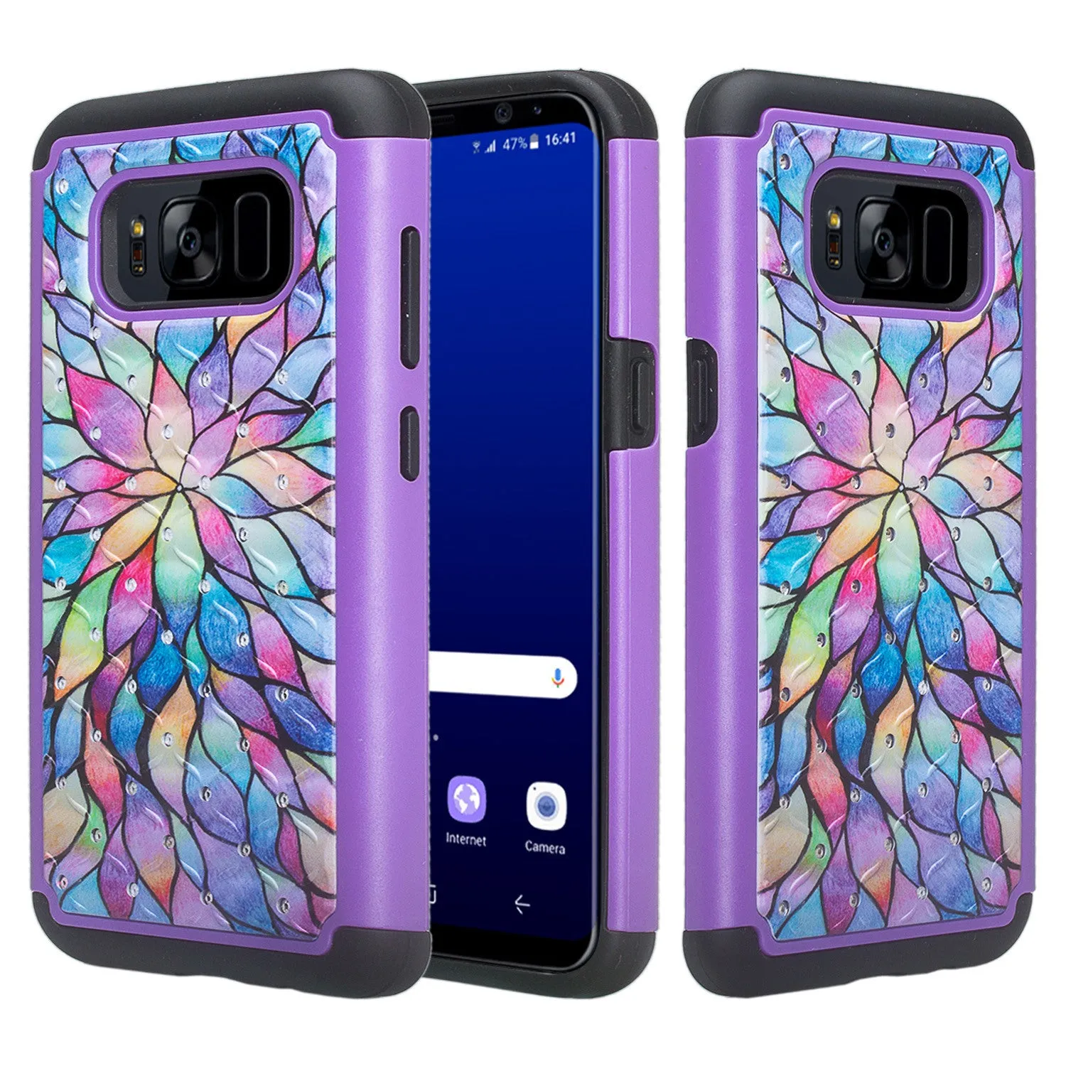 Samsung Galaxy S8 Case, SM-G950 Case, Slim Crystal Rhinestone Hybrid Dual Layer[Shock Resistant] Protective Cover for Galaxy S8 - Rainbow Flower