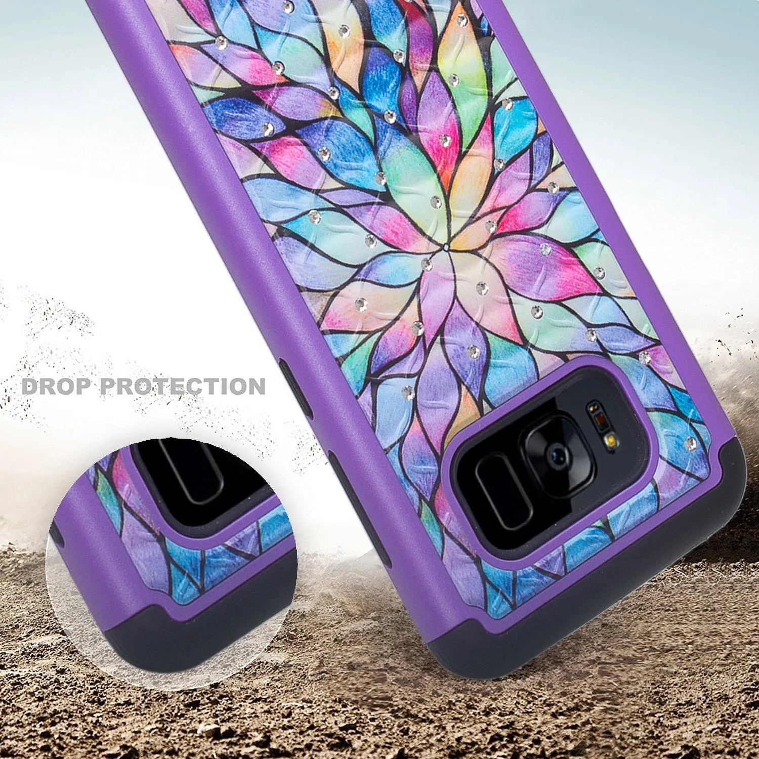 Samsung Galaxy S8 Case, SM-G950 Case, Slim Crystal Rhinestone Hybrid Dual Layer[Shock Resistant] Protective Cover for Galaxy S8 - Rainbow Flower