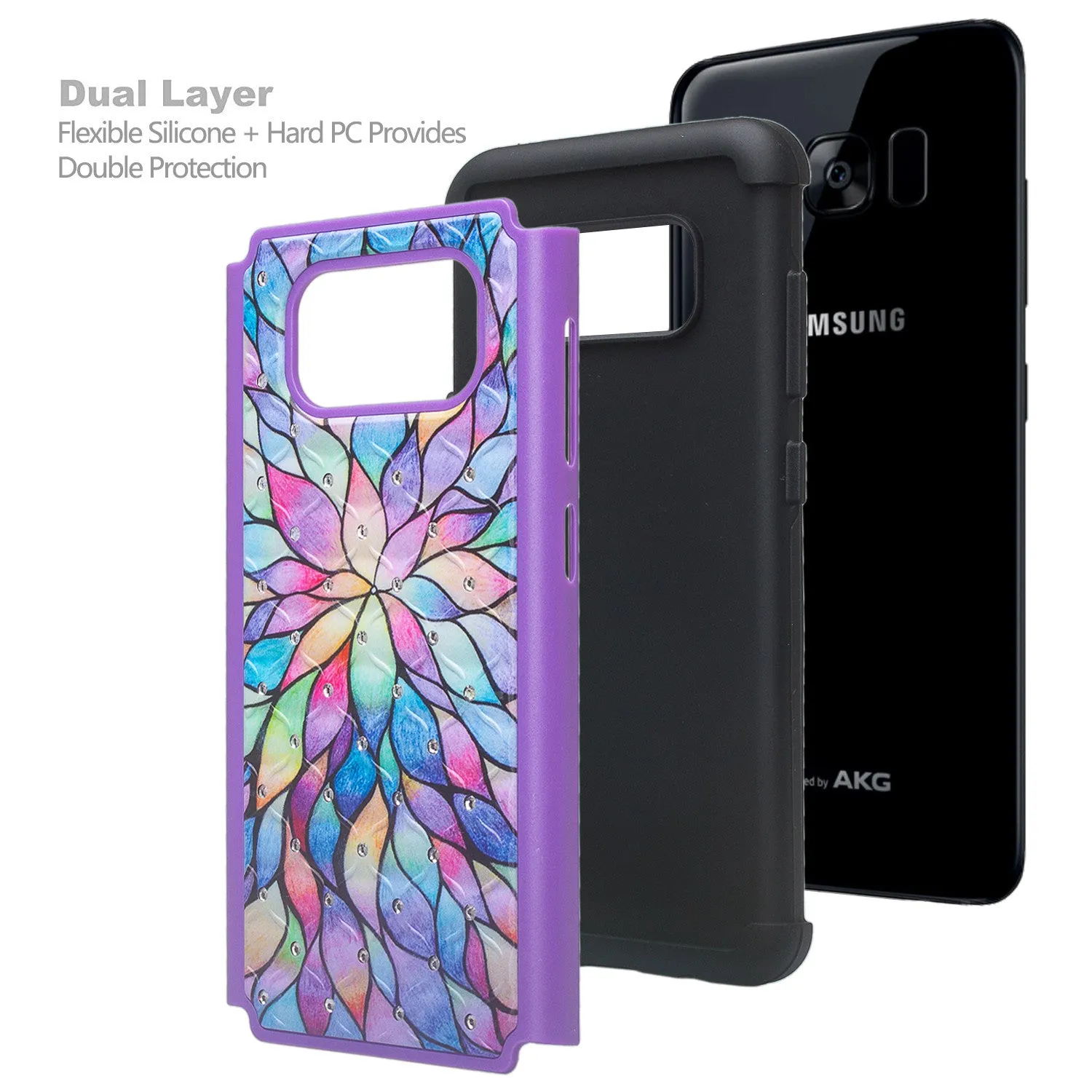 Samsung Galaxy S8 Case, SM-G950 Case, Slim Crystal Rhinestone Hybrid Dual Layer[Shock Resistant] Protective Cover for Galaxy S8 - Rainbow Flower