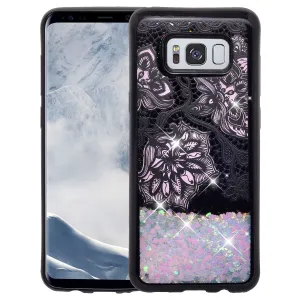 Samsung Galaxy S8 Plus Luxury Bling Liquid Glitter Case, Sparkle Quicksand Case Cover - Pink Flowers White