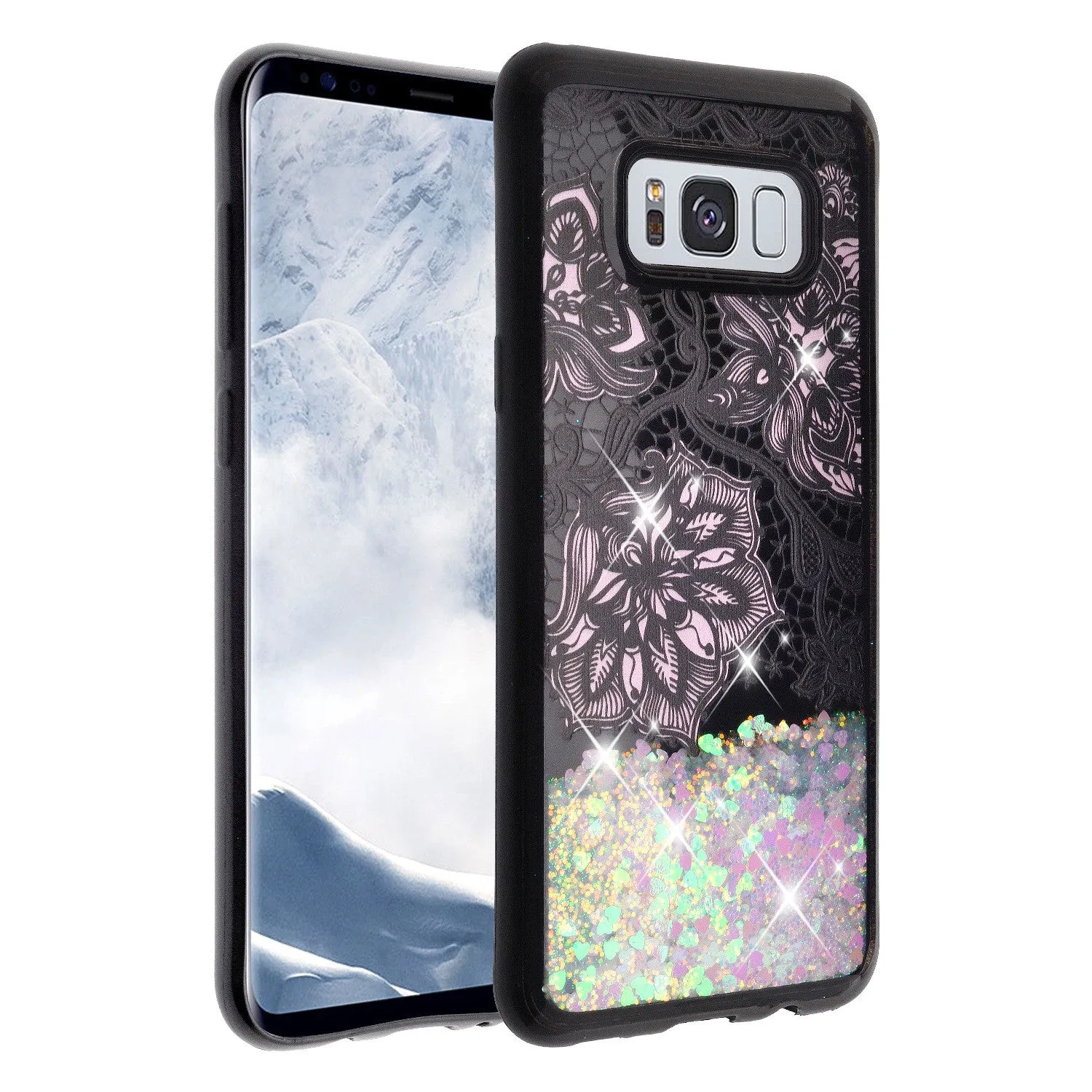 Samsung Galaxy S8 Plus Luxury Bling Liquid Glitter Case, Sparkle Quicksand Case Cover - Pink Flowers White