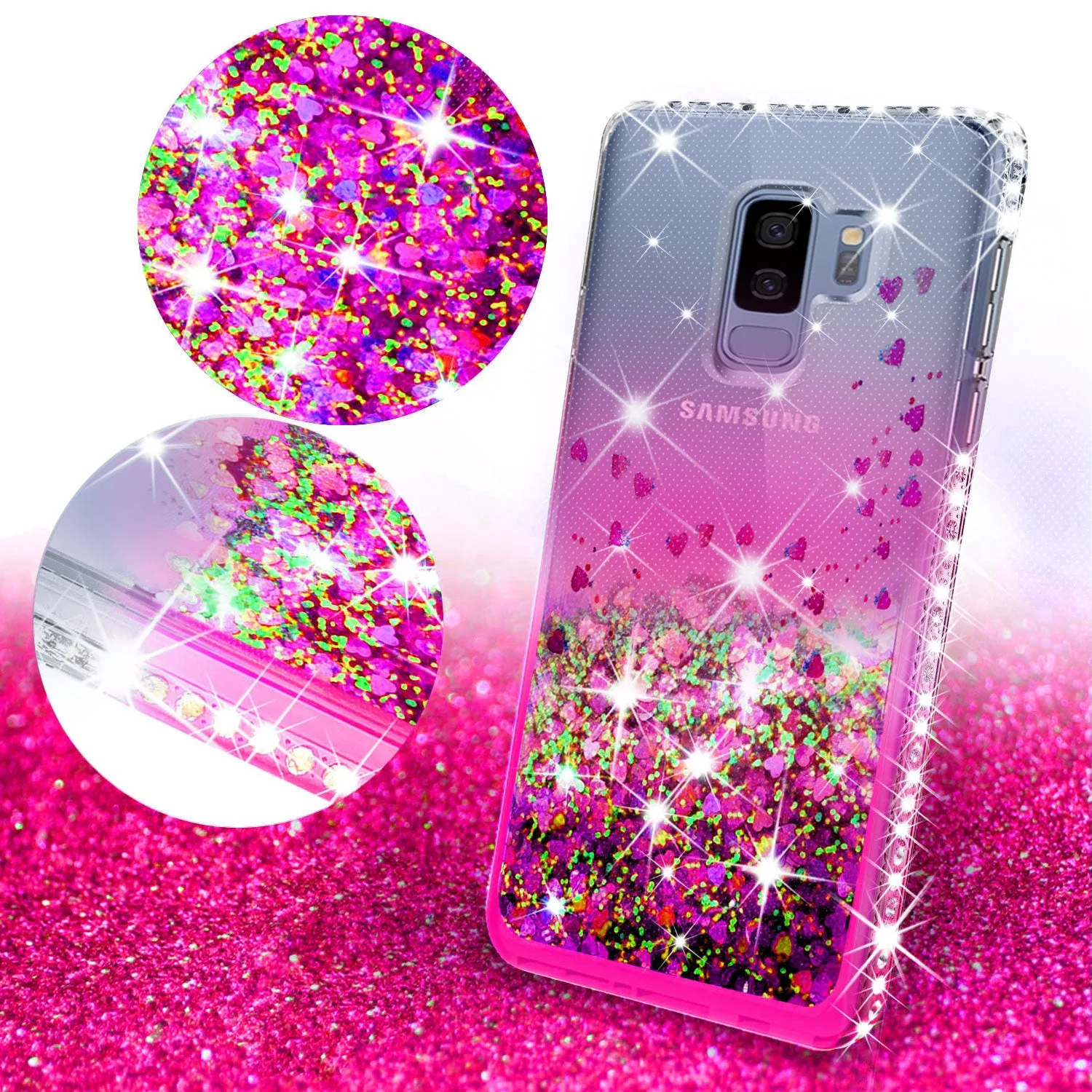 Samsung Galaxy S9 Plus Case Liquid Glitter Phone Case Waterfall Floating Quicksand Bling Sparkle Cute Protective Girls Women Cover for Galaxy S9 Plus - Hot Pink