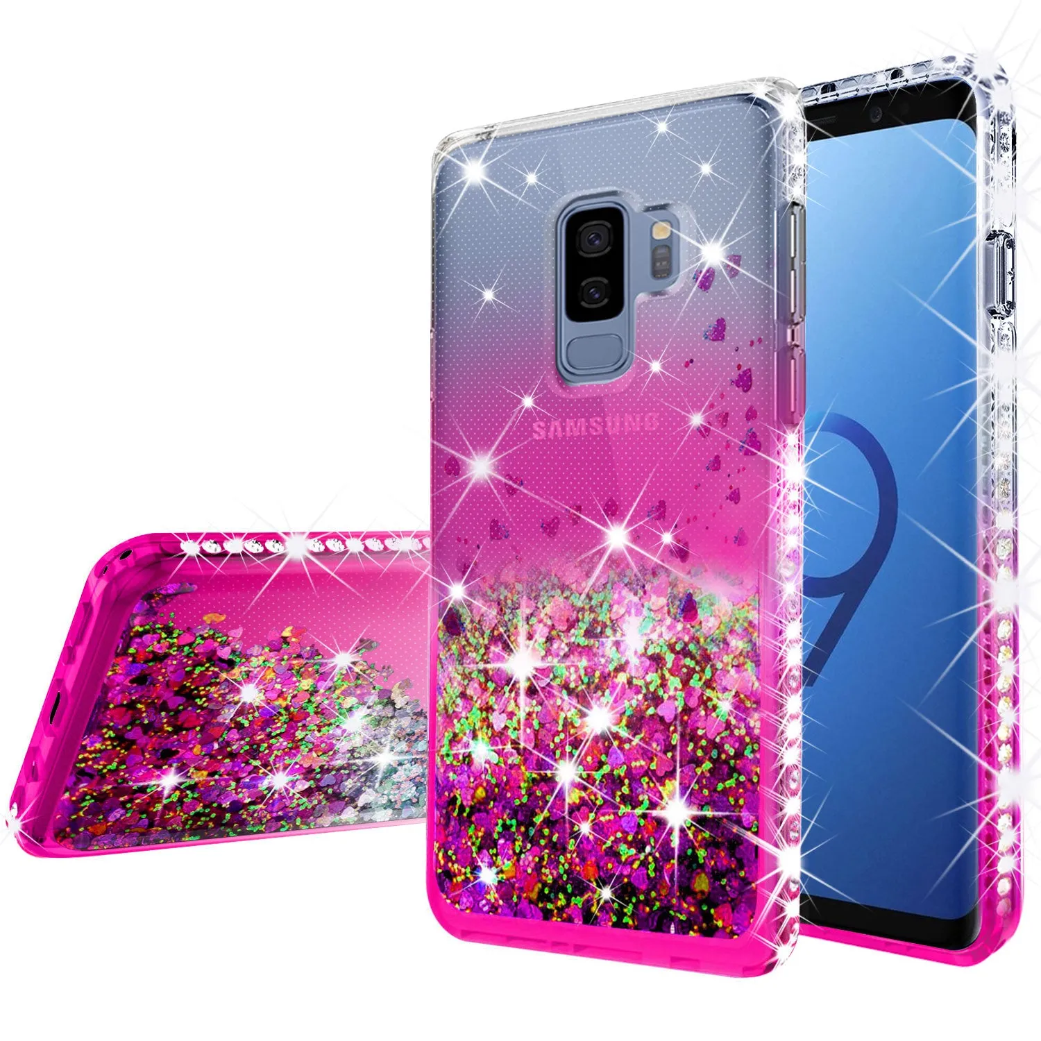 Samsung Galaxy S9 Plus Case Liquid Glitter Phone Case Waterfall Floating Quicksand Bling Sparkle Cute Protective Girls Women Cover for Galaxy S9 Plus - Hot Pink