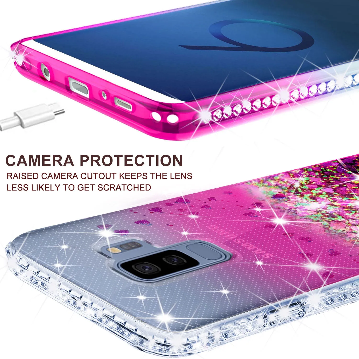 Samsung Galaxy S9 Plus Case Liquid Glitter Phone Case Waterfall Floating Quicksand Bling Sparkle Cute Protective Girls Women Cover for Galaxy S9 Plus - Hot Pink