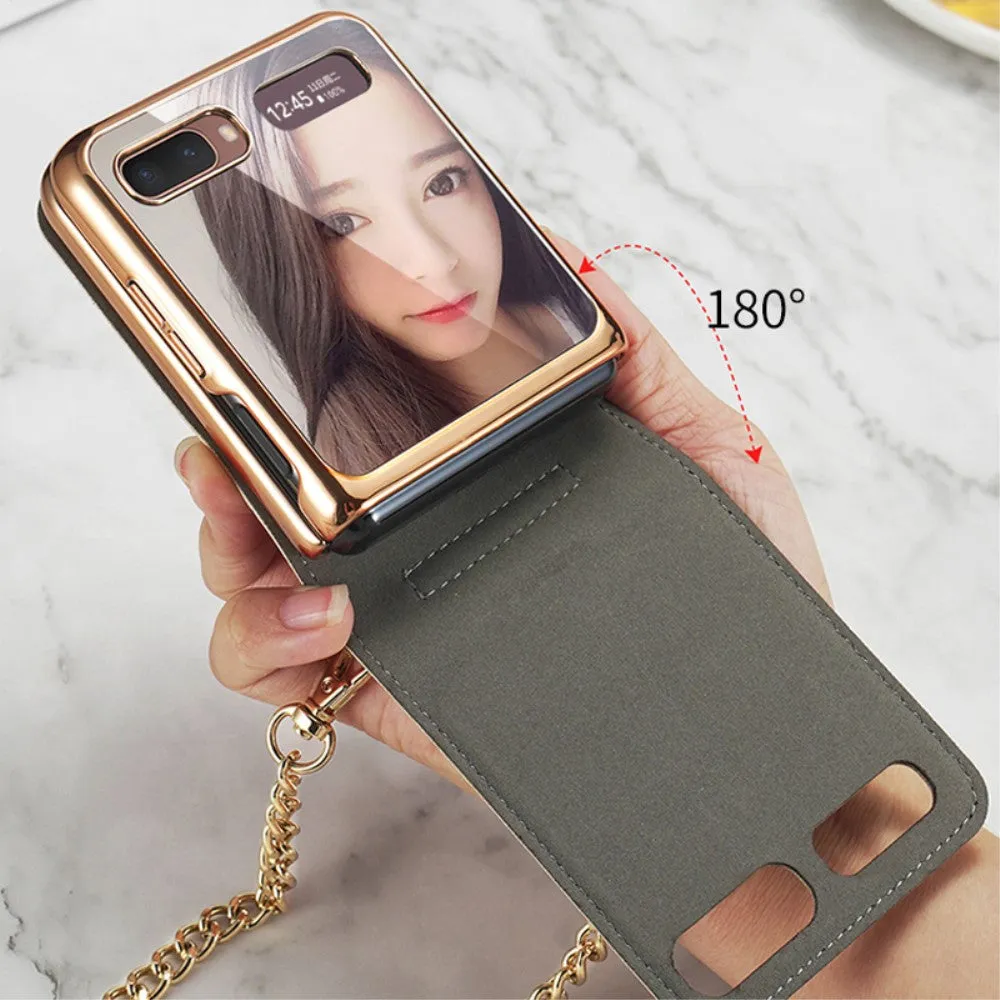 Samsung Galaxy Z Flip 5G genuine leather hard case cover in crocodile look with cell phone chain   mirror - pink