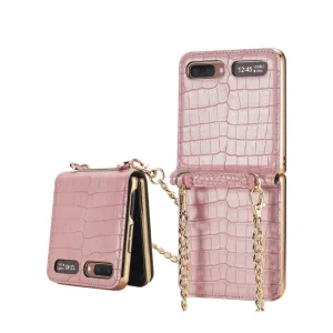 Samsung Galaxy Z Flip 5G genuine leather hard case cover in crocodile look with cell phone chain   mirror - pink