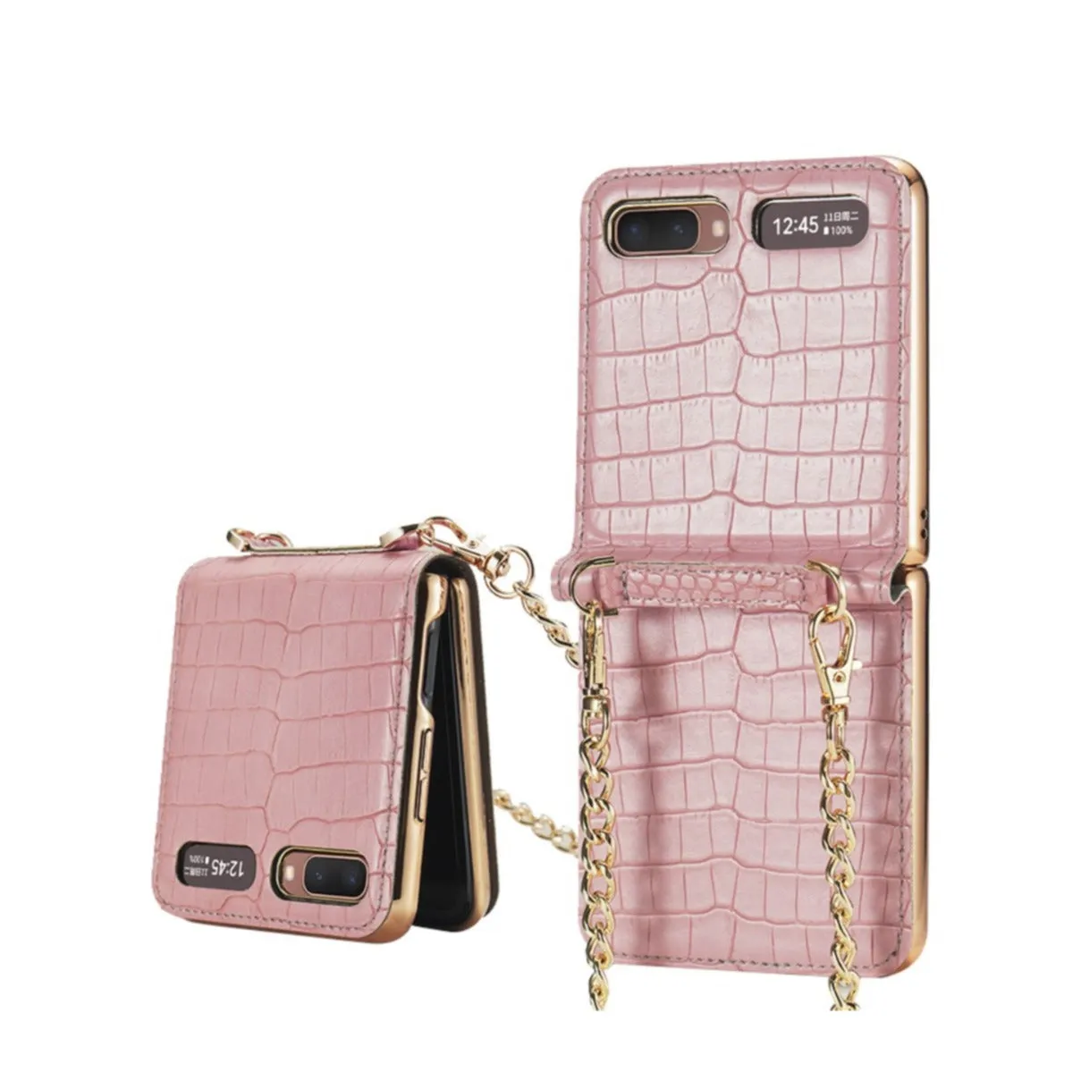 Samsung Galaxy Z Flip 5G genuine leather hard case cover in crocodile look with cell phone chain   mirror - pink