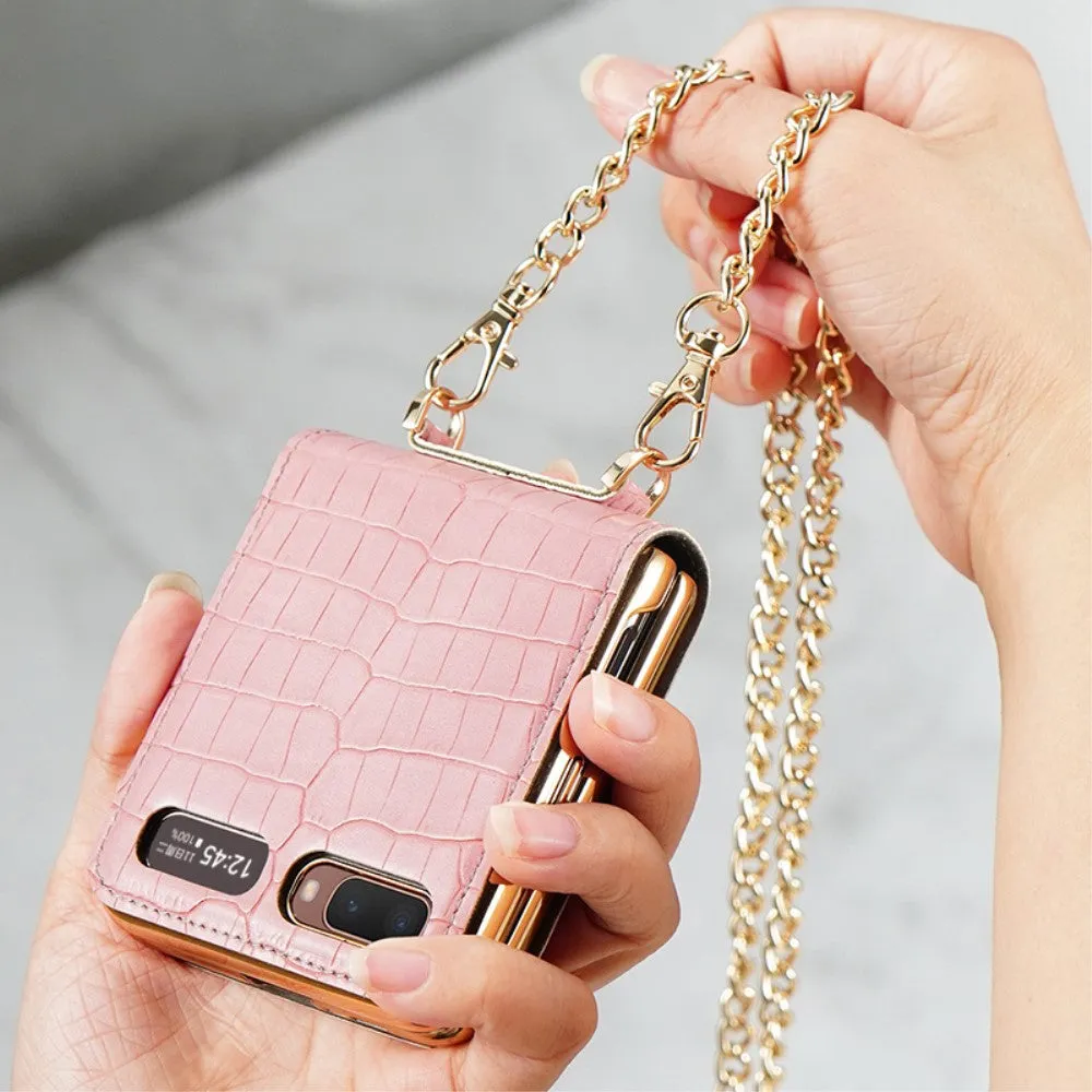 Samsung Galaxy Z Flip 5G genuine leather hard case cover in crocodile look with cell phone chain   mirror - pink