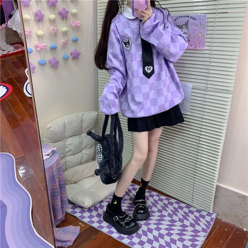Sanriocore Kawaii Kuromi Purple Checker Sweatshirt
