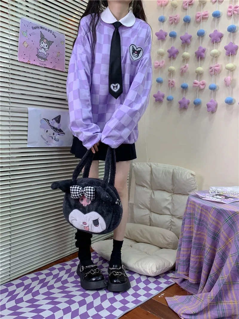 Sanriocore Kawaii Kuromi Purple Checker Sweatshirt