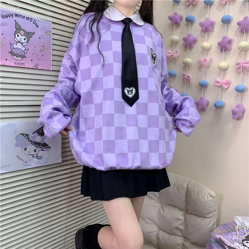 Sanriocore Kawaii Kuromi Purple Checker Sweatshirt