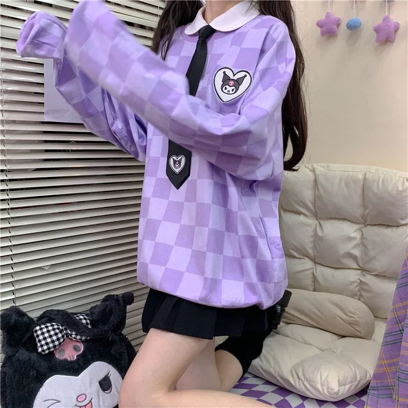 Sanriocore Kawaii Kuromi Purple Checker Sweatshirt