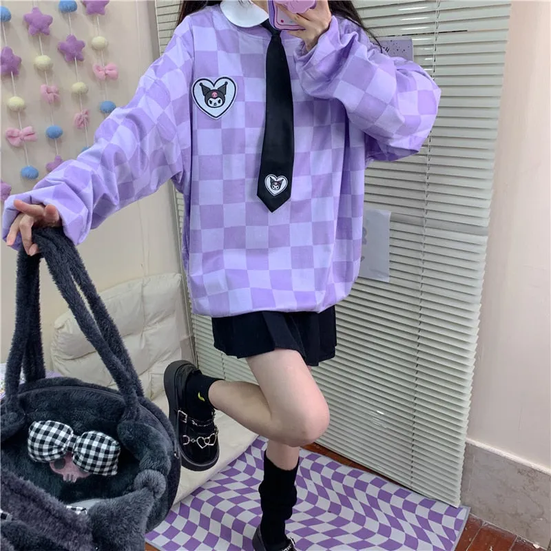 Sanriocore Kawaii Kuromi Purple Checker Sweatshirt