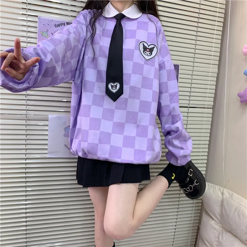 Sanriocore Kawaii Kuromi Purple Checker Sweatshirt