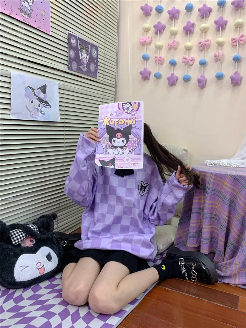Sanriocore Kawaii Kuromi Purple Checker Sweatshirt