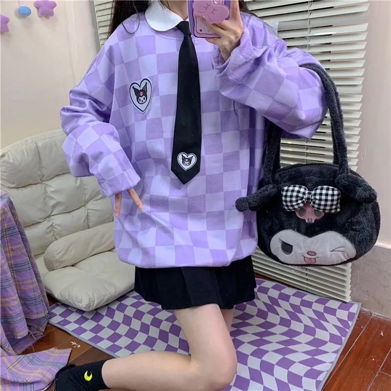 Sanriocore Kawaii Kuromi Purple Checker Sweatshirt