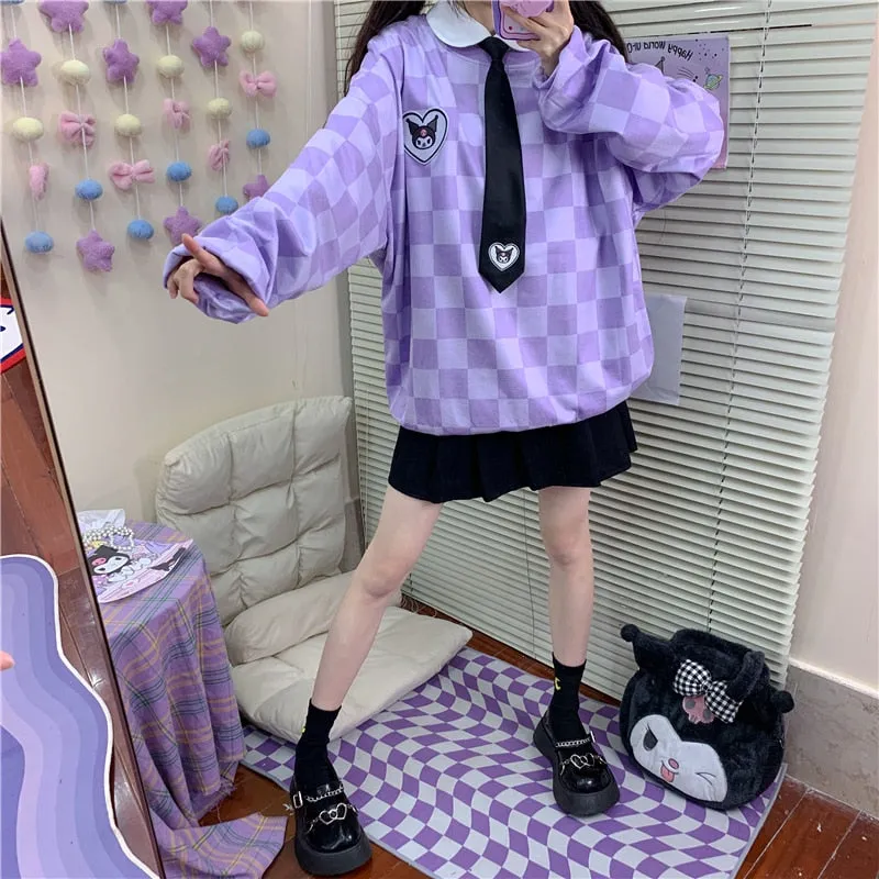 Sanriocore Kawaii Kuromi Purple Checker Sweatshirt