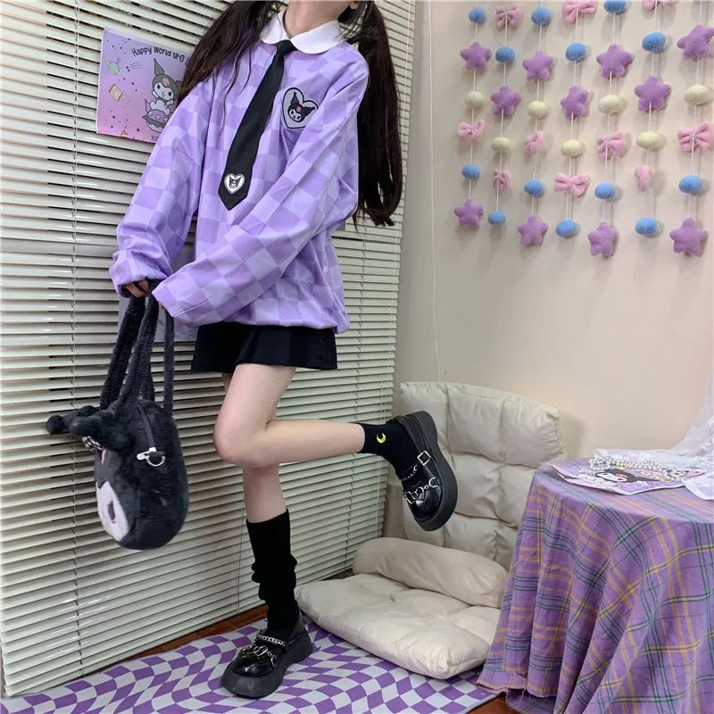 Sanriocore Kawaii Kuromi Purple Checker Sweatshirt