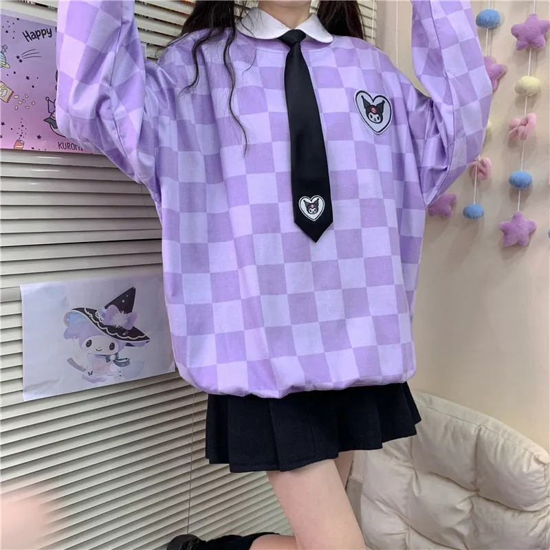 Sanriocore Kawaii Kuromi Purple Checker Sweatshirt