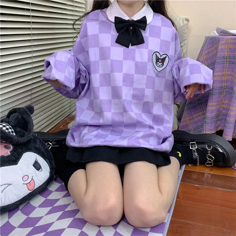 Sanriocore Kawaii Kuromi Purple Checker Sweatshirt