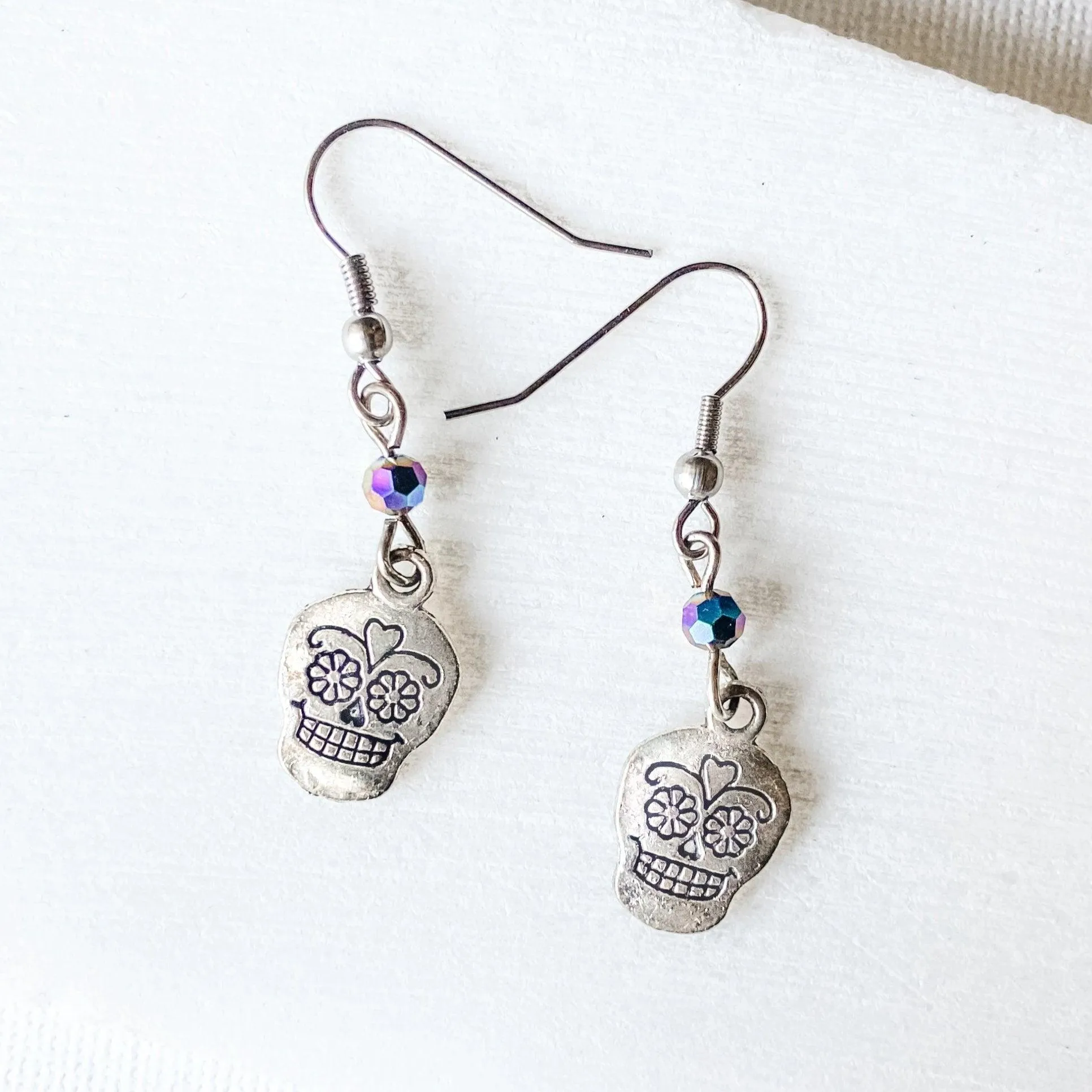 Scull Charm Earrings with Glass Beads