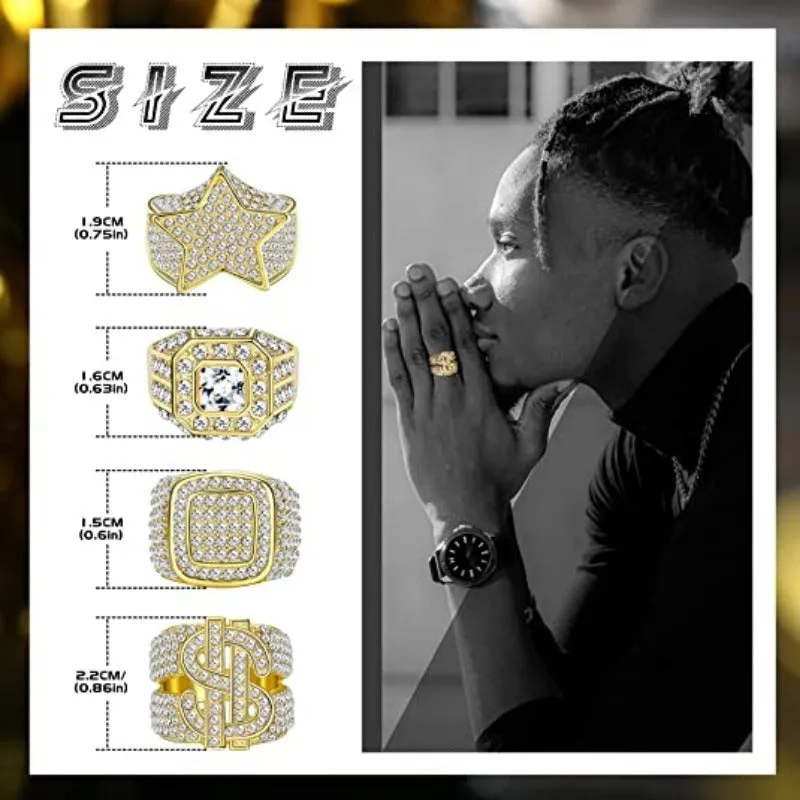 Set of 5Pcs 18K Gold Plated Bling Pinky Ring Simulated Diamond Iced Out Ring CZ Punky Rappers