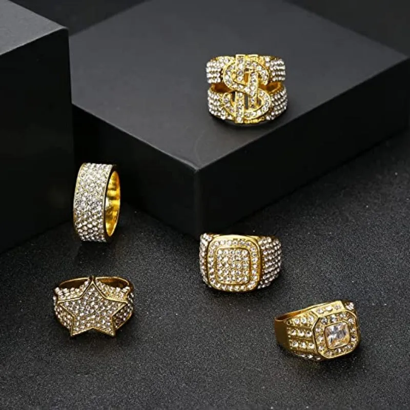 Set of 5Pcs 18K Gold Plated Bling Pinky Ring Simulated Diamond Iced Out Ring CZ Punky Rappers
