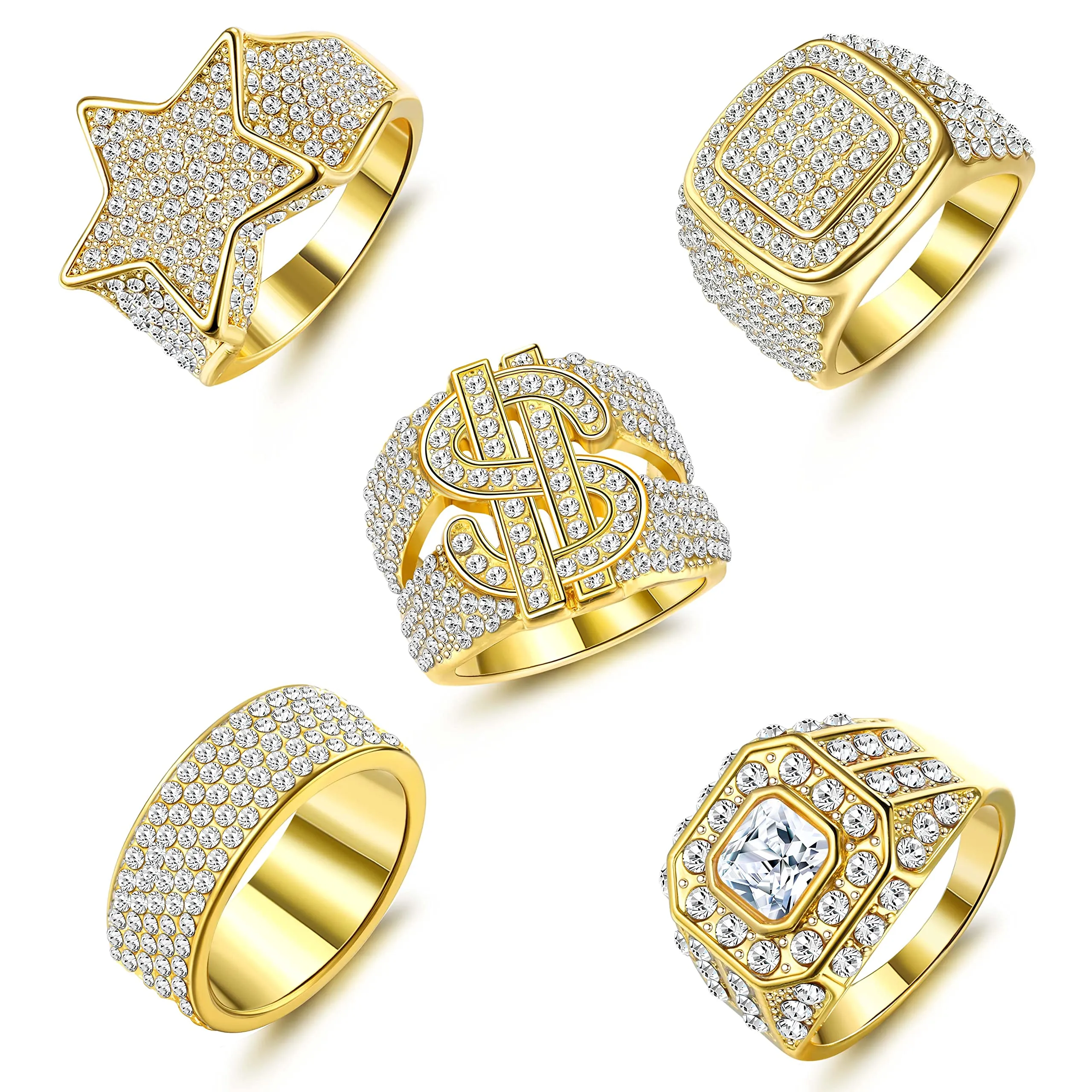 Set of 5Pcs 18K Gold Plated Bling Pinky Ring Simulated Diamond Iced Out Ring CZ Punky Rappers