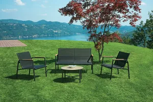 Set Salotto da Giardino Divano 2 Poltrone e Tavolino Tarquinia in Ferro e Textilene Antracite