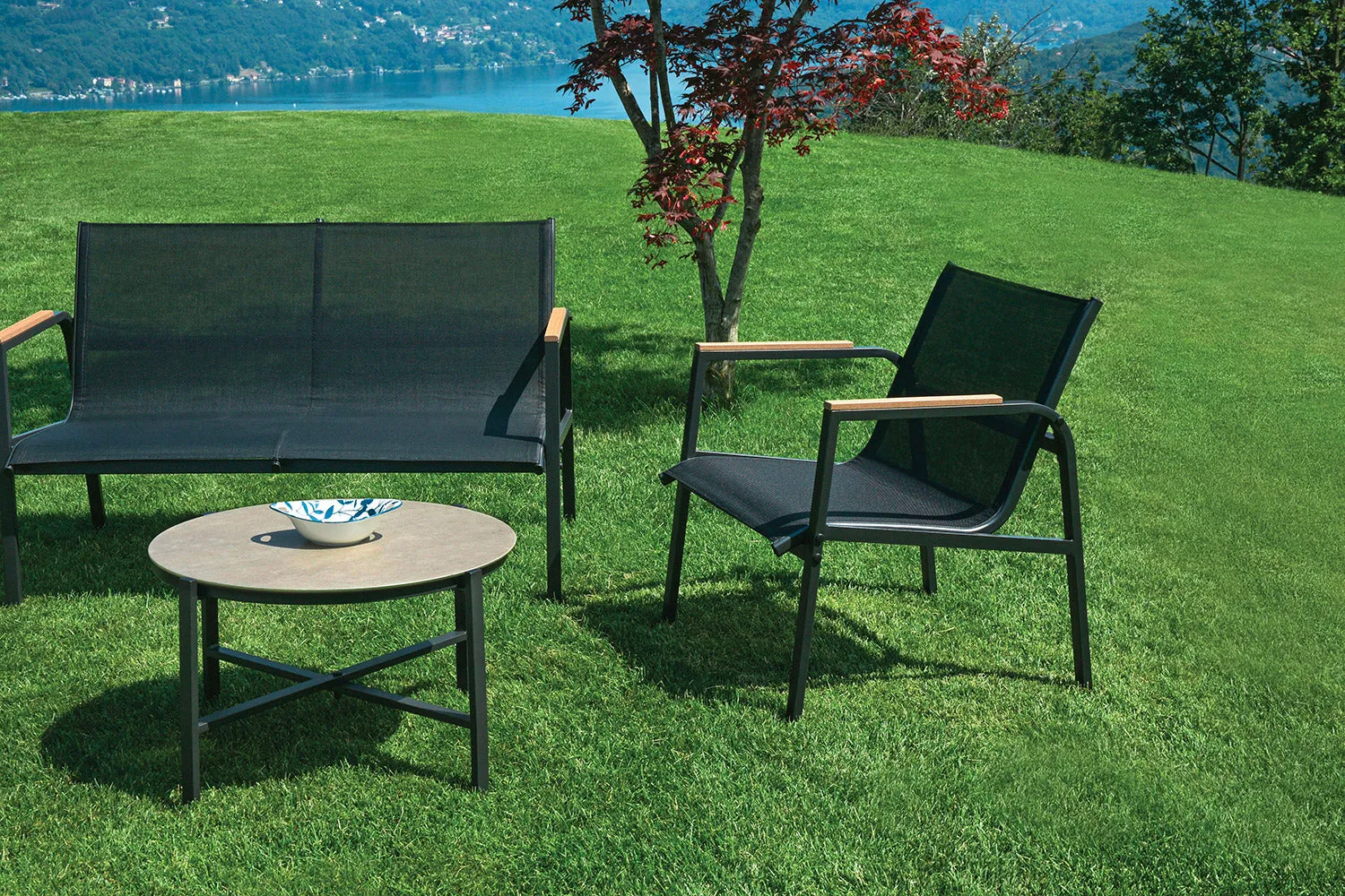 Set Salotto da Giardino Divano 2 Poltrone e Tavolino Tarquinia in Ferro e Textilene Antracite