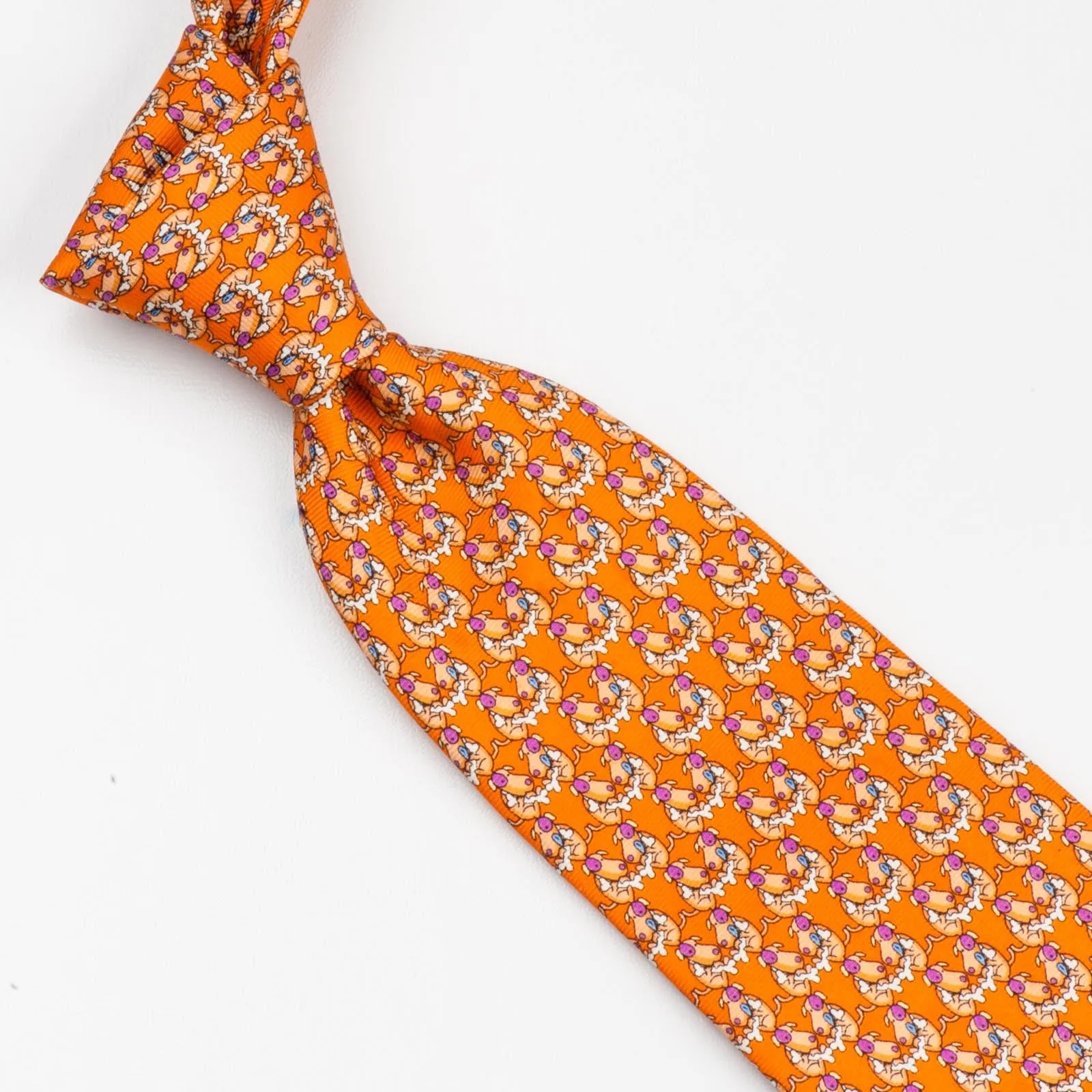 Silk Neck Tie By Renoma Printed Cartoon Dogs On Orange Design 3 1/4 Inch