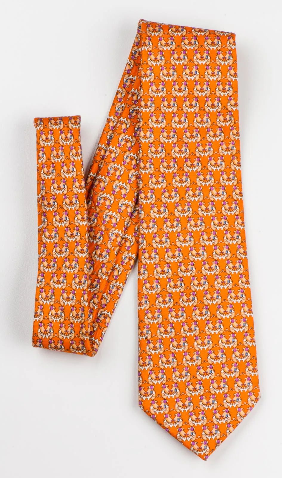 Silk Neck Tie By Renoma Printed Cartoon Dogs On Orange Design 3 1/4 Inch