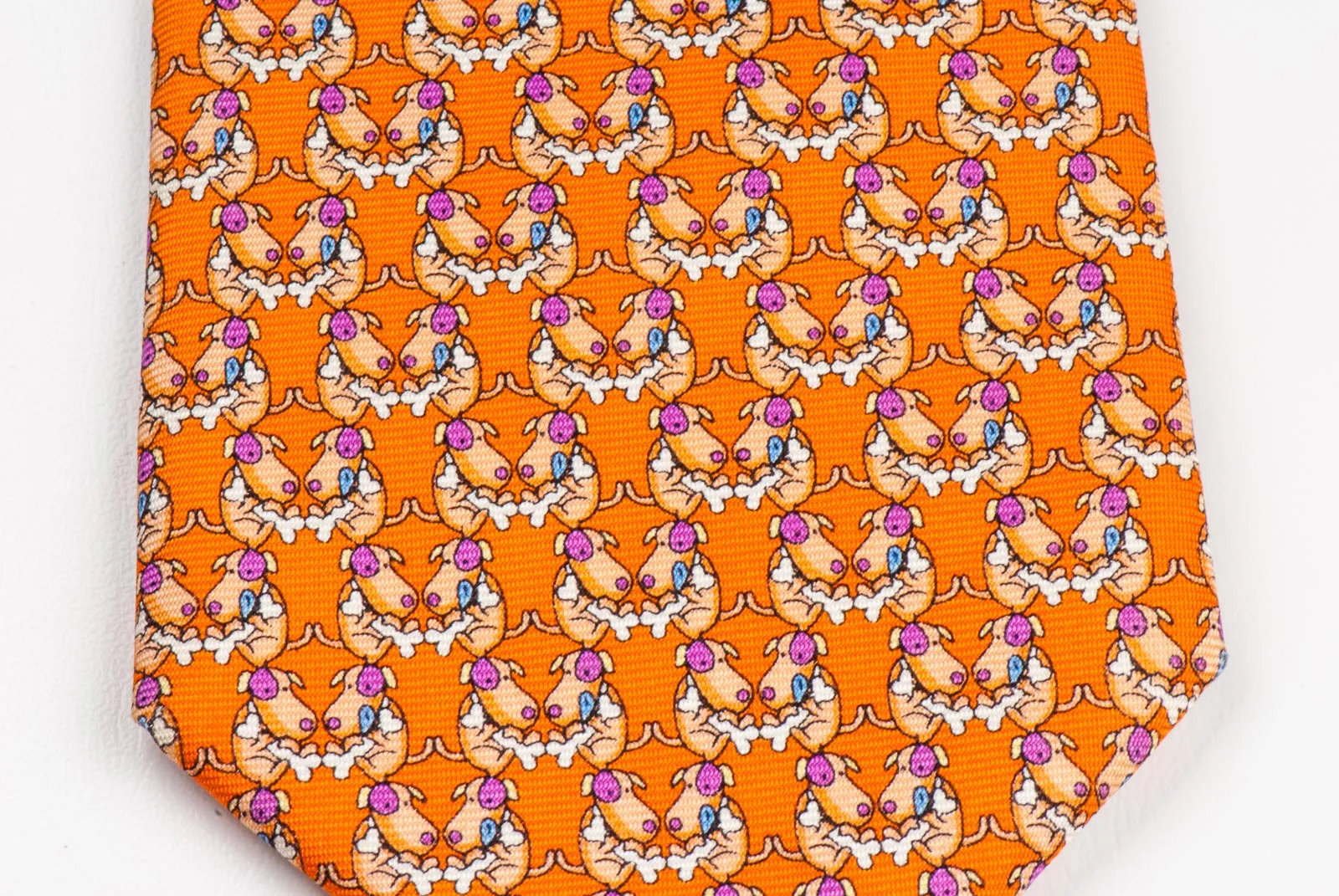 Silk Neck Tie By Renoma Printed Cartoon Dogs On Orange Design 3 1/4 Inch