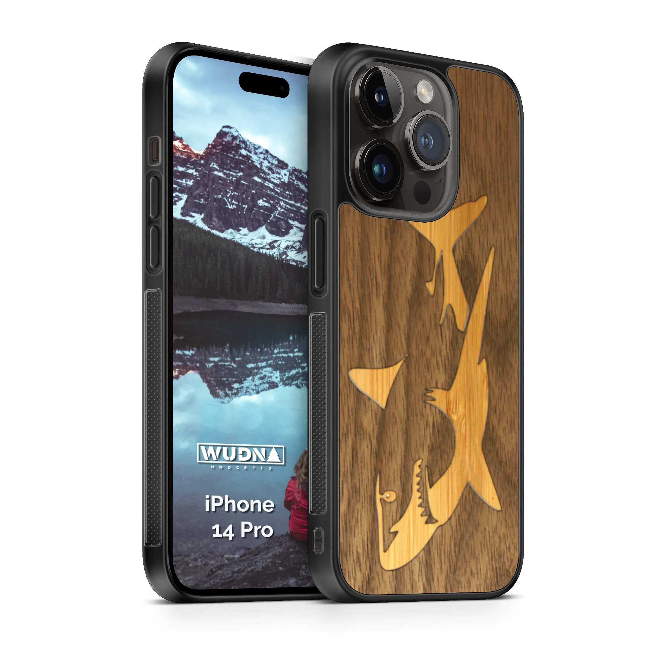 Slim Wooden iPhone Case (Great White Shark with Bamboo in Black Walnut)