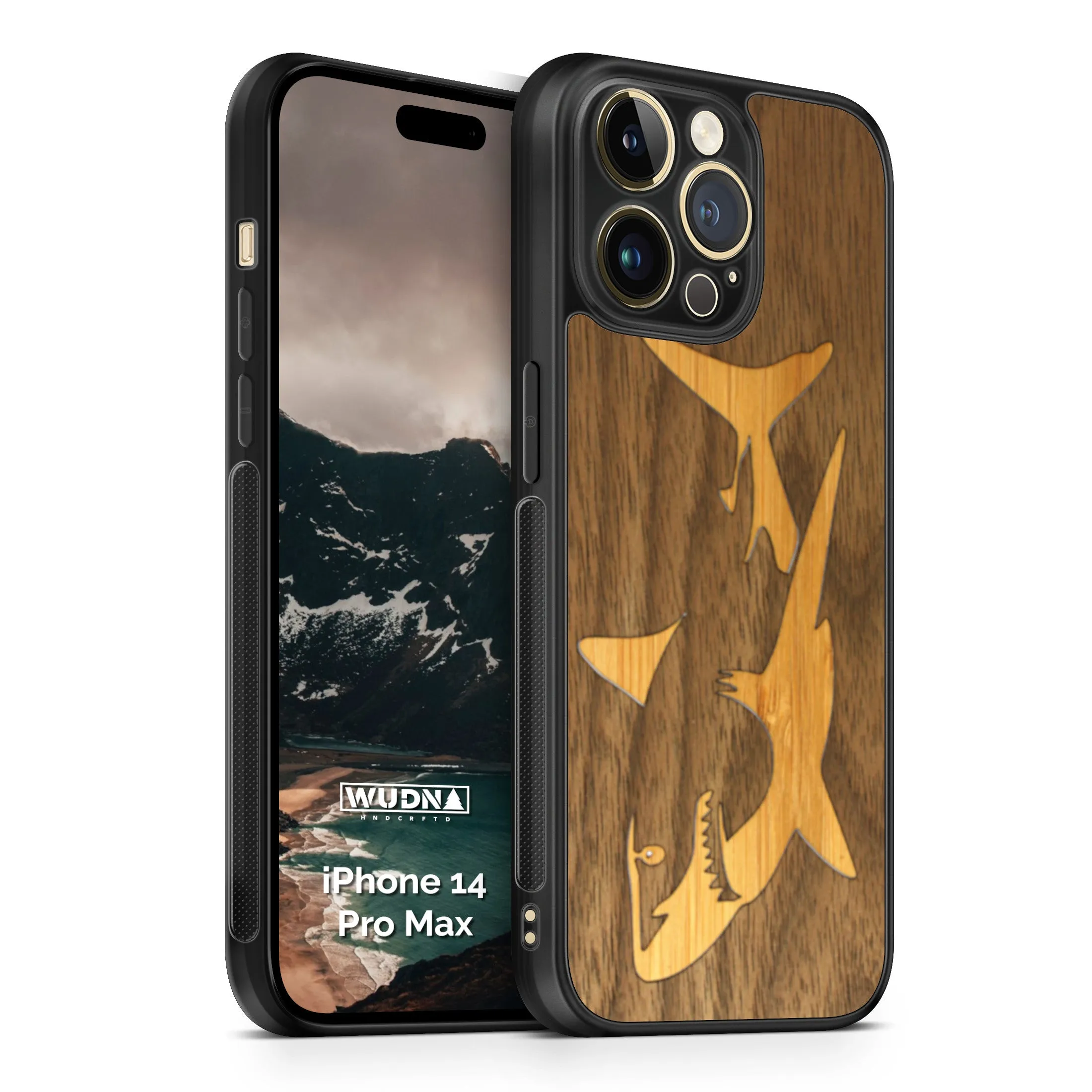 Slim Wooden iPhone Case (Great White Shark with Bamboo in Black Walnut)