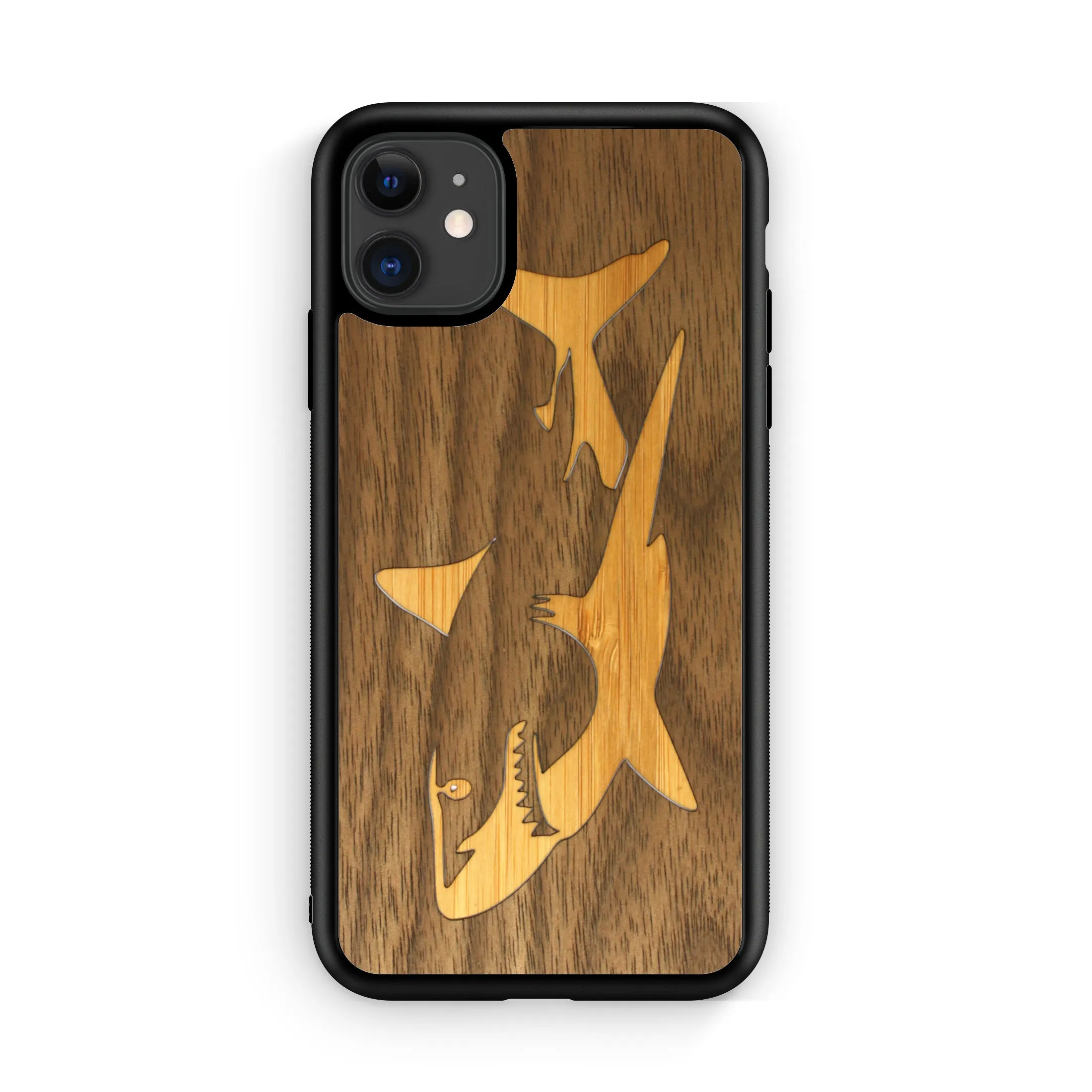 Slim Wooden iPhone Case (Great White Shark with Bamboo in Black Walnut)