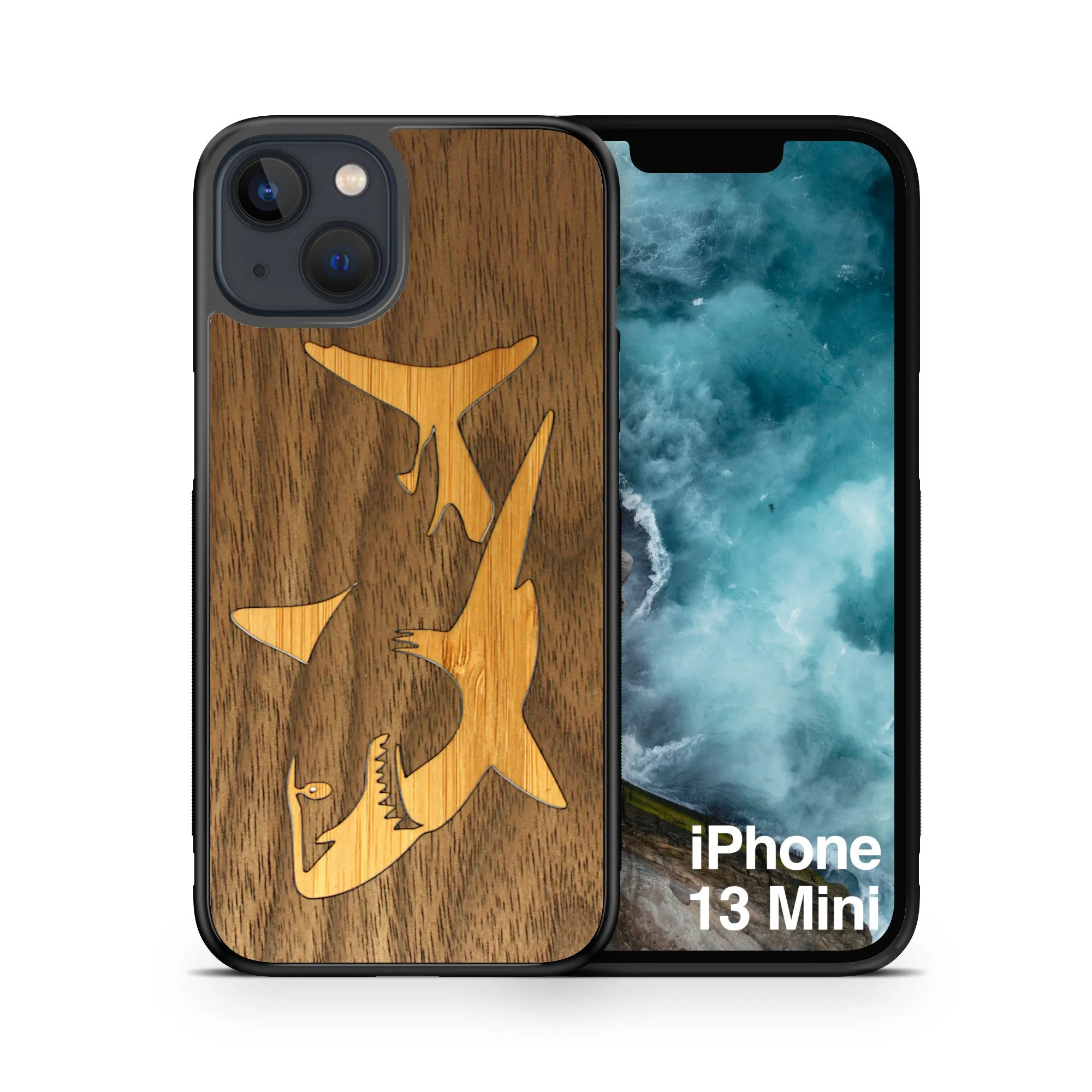 Slim Wooden iPhone Case (Great White Shark with Bamboo in Black Walnut)