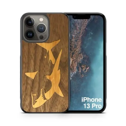 Slim Wooden iPhone Case (Great White Shark with Bamboo in Black Walnut)