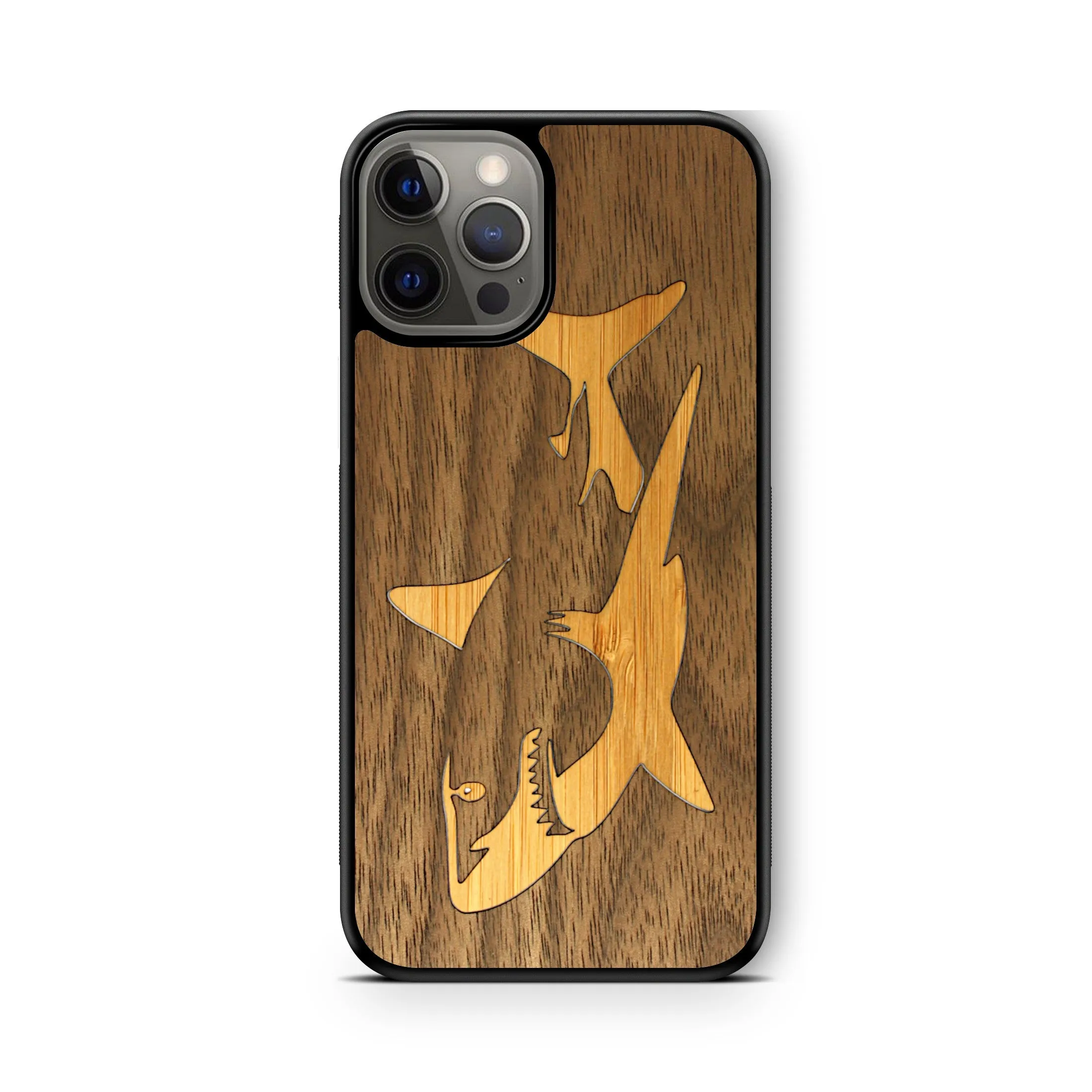 Slim Wooden iPhone Case (Great White Shark with Bamboo in Black Walnut)