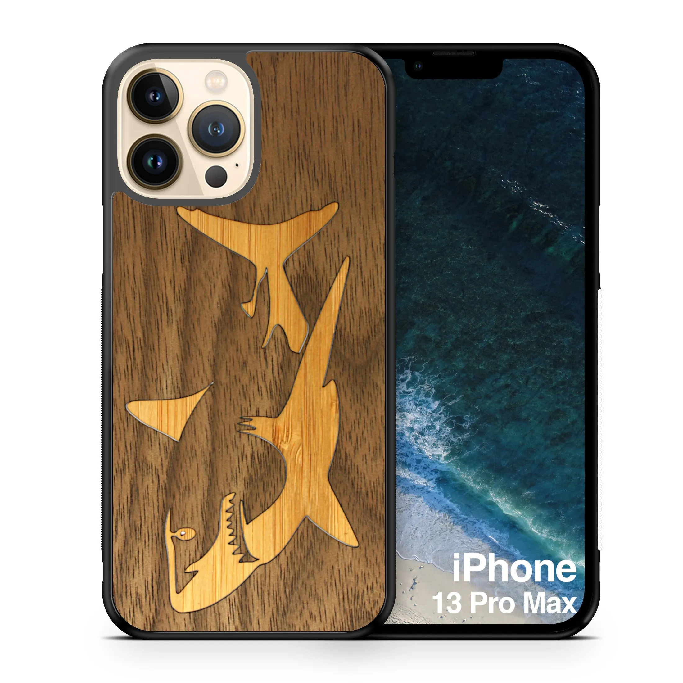 Slim Wooden iPhone Case (Great White Shark with Bamboo in Black Walnut)