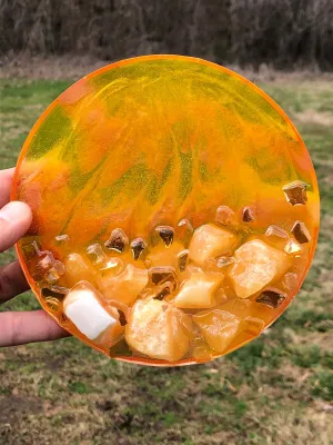 Sparkling Calcite Resin Geode - Handcrafted Agate-inspired Art with Gemstones & Fireglass - Perfect for Crystal Healing
