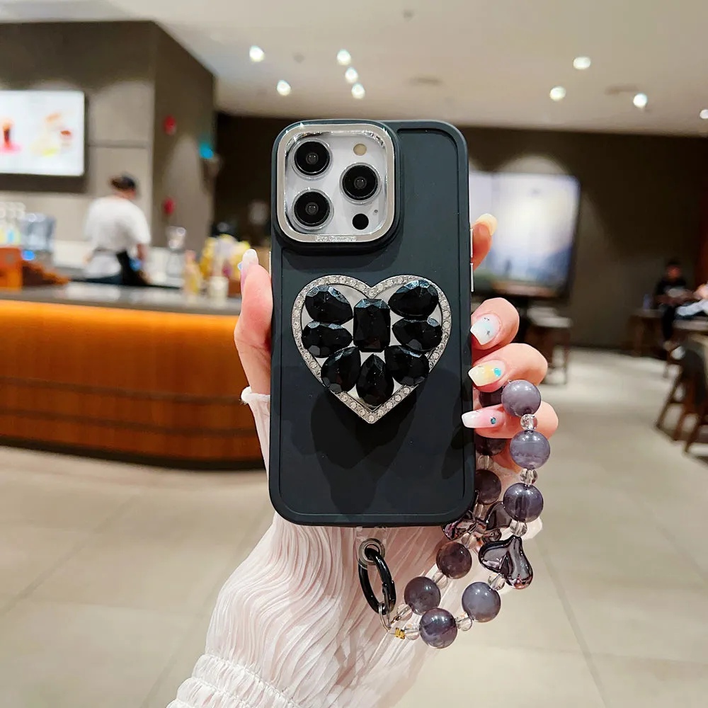 Stone Heart Shape Stand Silicone Soft Phone Case with Bracelet - Samsung S23 Ultra