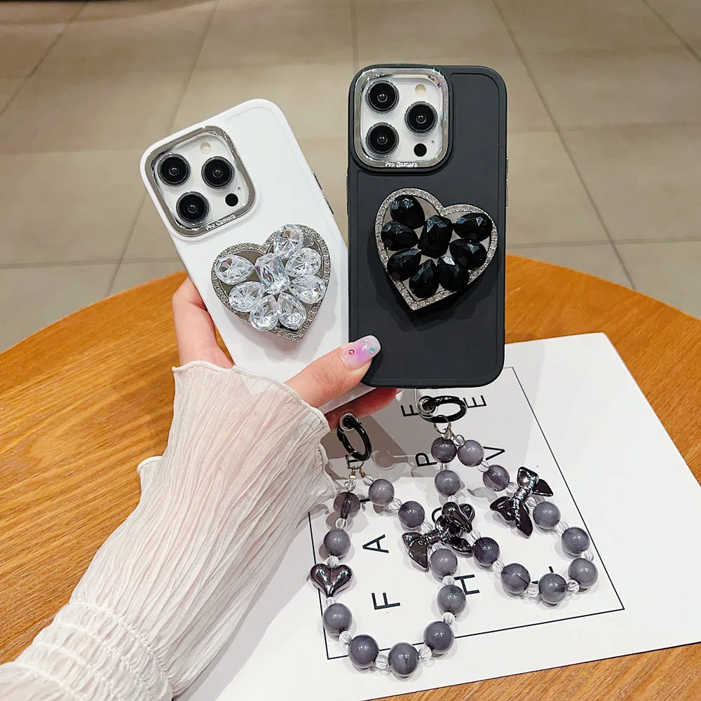 Stone Heart Shape Stand Silicone Soft Phone Cover with Bracelet - Samsung S23FE