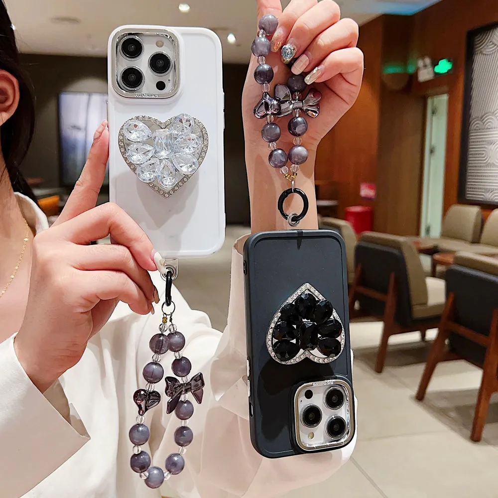 Stone Heart Shape Stand Silicone Soft Phone Cover with Bracelet - Samsung S23FE