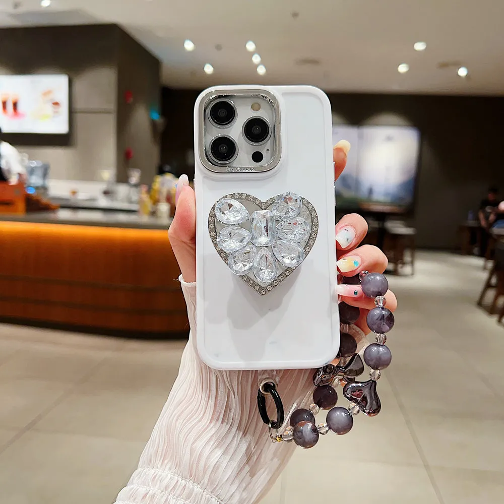 Stone Heart Shape Stand Silicone Soft Phone Cover with Bracelet - Samsung S23FE